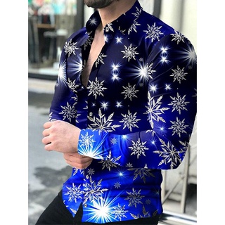 Camisa Masculina De Manga Comprida De Gola Virada De Natal Com Botões/Cristais 3d/Casual /