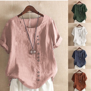 Camiseta Feminina Casual De Algodão E Linho Gola Redonda Manga Curta Estilo Retrô