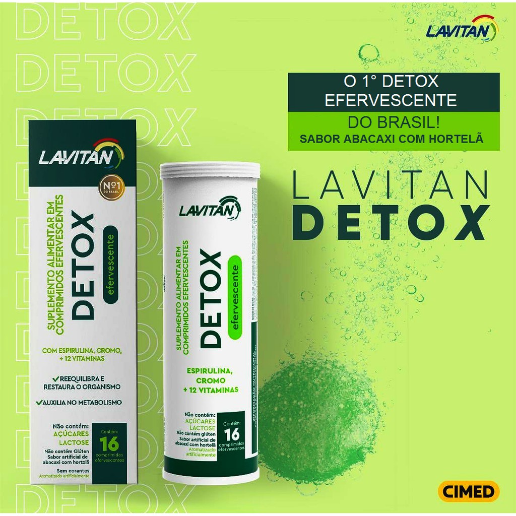 LAVITAN DETOX 16 COMPRIMIDOS EFERVESCENTES - espirulina, cromo + 12 vitaminas - abacaxi com hortelã desintoxica emagrecer cromo metabolismo antioxidante.