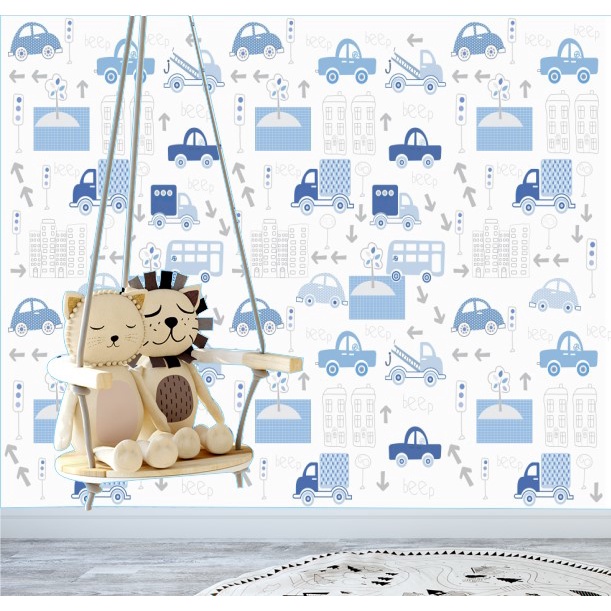 Papel de parede Carrinho e caminhão azul