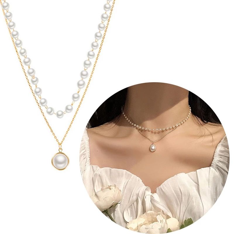 Colar Duas Camadas Com Pérolas Pingente Duplo Choker Luxo Cordão Feminino Moda Retrô Vintage Ouro18k