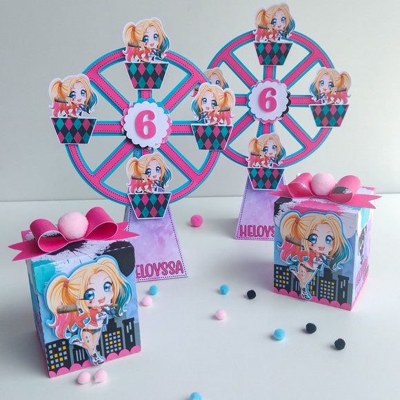 Kit caixinhas lembrancinha personalizada Arlequina Aniversario Festa Infantil