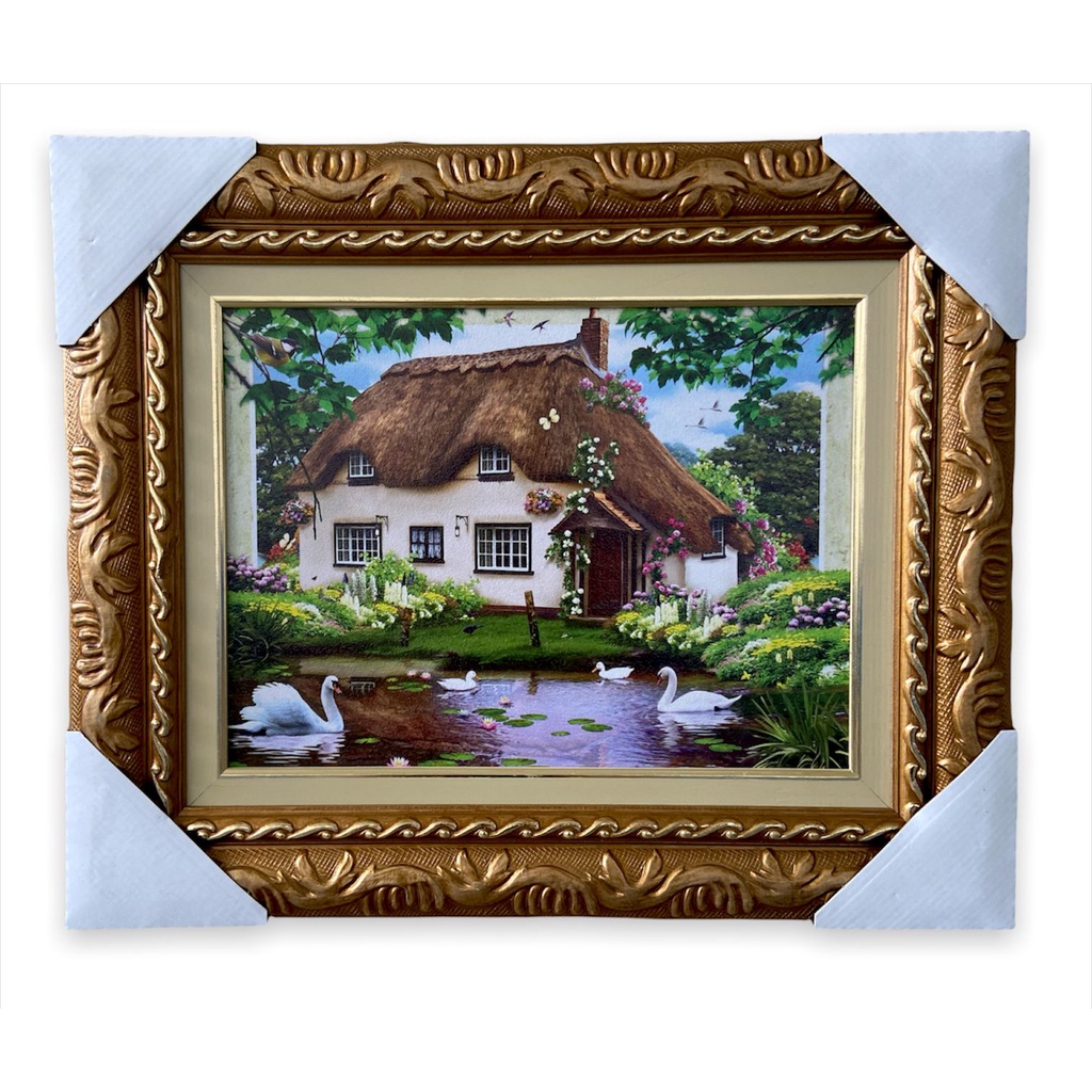 Quadro Decorativo Imagem Casa Com Lago Cisne Paisagem luxo 57x47