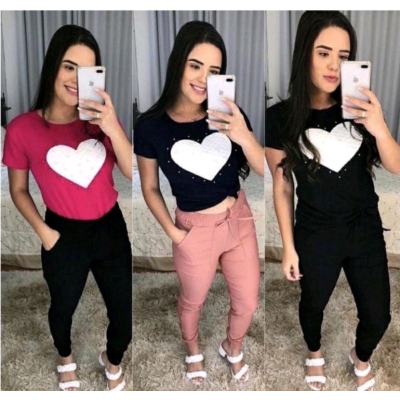 Blusinha t-shirt manguinha coração com pérola  moda feminina