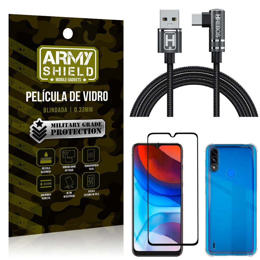 Kit Moto E7 Power Cabo em L Tipo C HS180 + Capinha + Película 3D - Armyshield