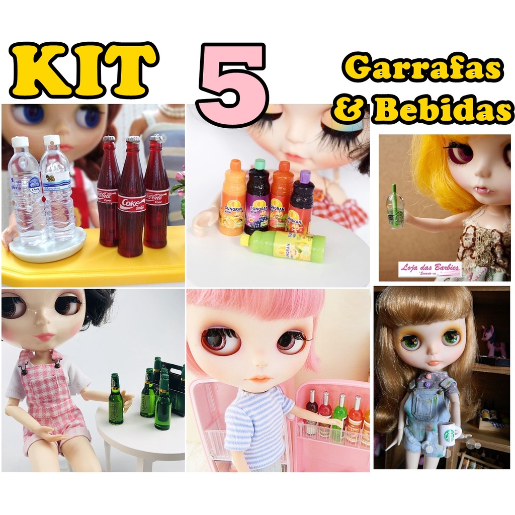 Kit 5 Garrafinhas e Bebidas Diferentes Copos Miniatura P/ Casa De Bonecas Garrafa BLYTHE MOMOKO LICCA PULLIP Refrigerante Suco Café