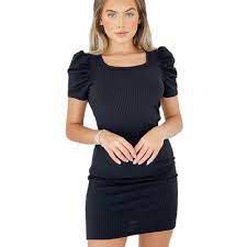 Vestido feminino manga princesa bufante curto malha canelada com elastano estilo