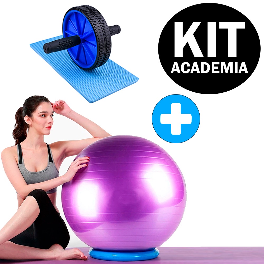 Kit Pilates e Yoga Bola Suíça Pilates Yoga 55cm + Roda Abdominal Exercícios Lombar Treino Exercícios Fitness Funcional
