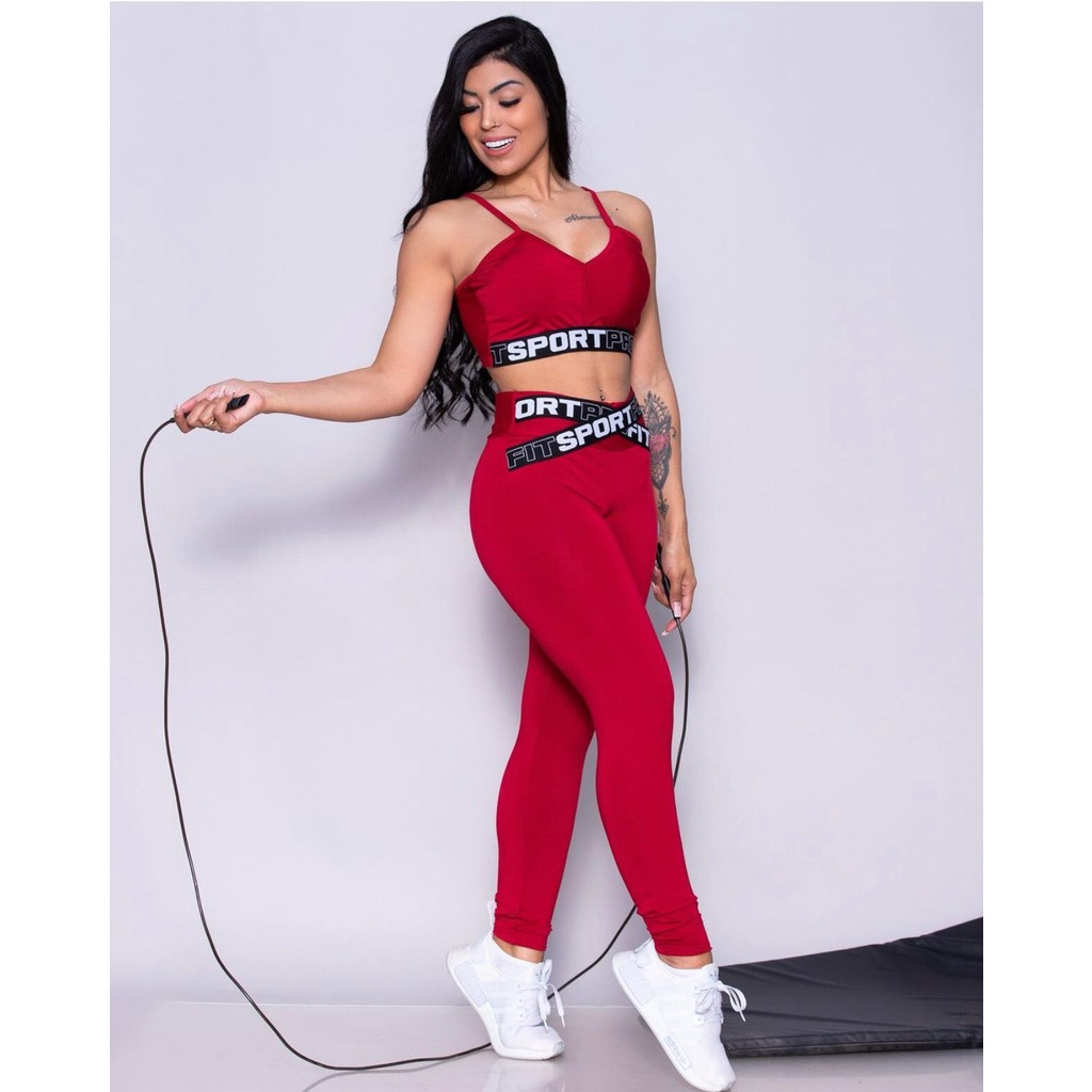 Conjunto Fitness Roupa Academia Feminina Preta Calça Legging e Top