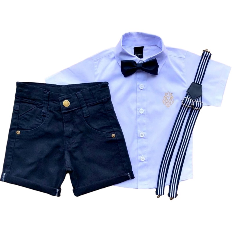Conjunto Infantil Camisa Social + Bermuda + Kit Suspensório