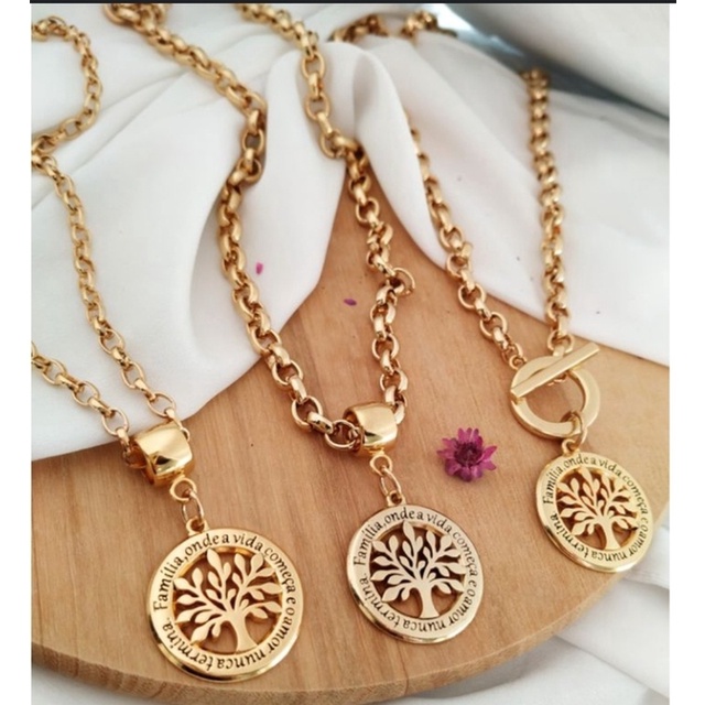 Colar Corrente Feminino Elo Português com Pingente Arvore da Vida Folheado Ouro 18k Gargantilha Tendência