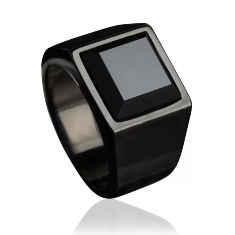 Anel Masculino Comendador Preto Pedra Onix Aço Titânio 15mm
