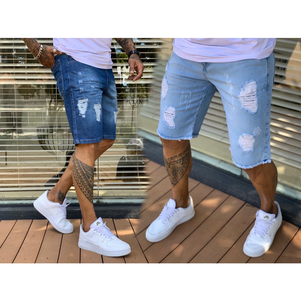 Kit 2 Short Jeans Masculino Rasgado Bermuda Destroyed | Shopee Brasil