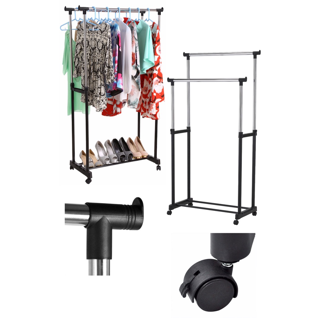 Arara de Roupa Dupla com Sapateira Regulável de Aço Inox Lorben