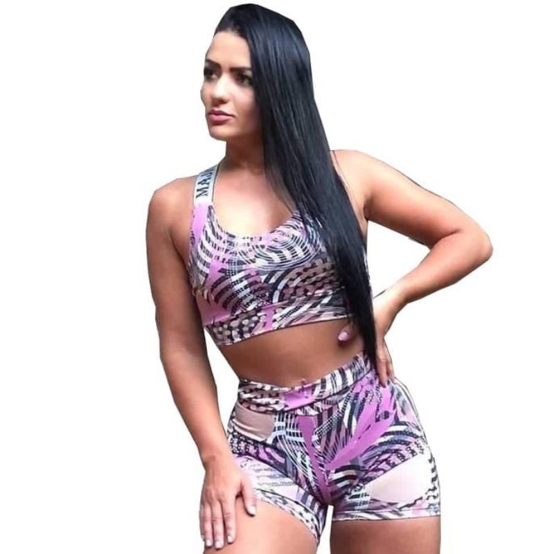 Conjunto Top e Short meia Coxa Feminino Estampado Suplex Fitness com bojo Removível  para Academia e Ginástica