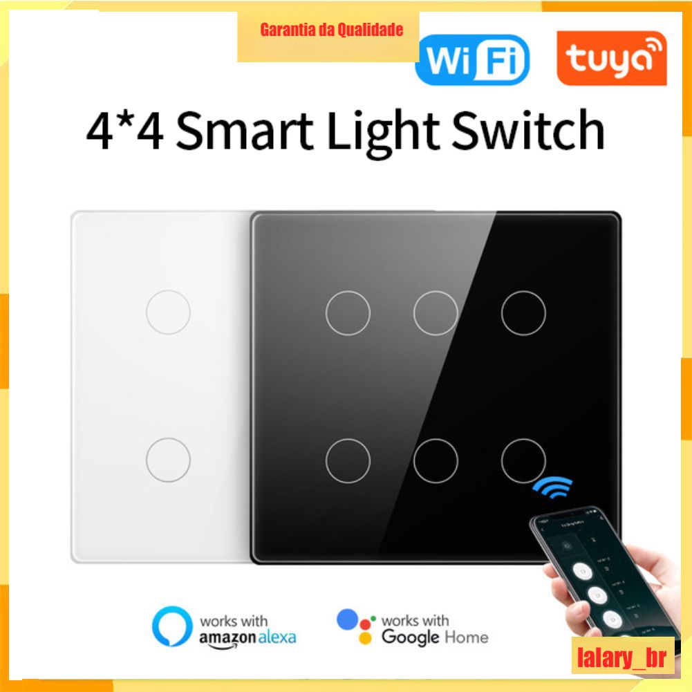 Tuya WiFi Interruptor Inteligente Smart Switch, AC 110-220V 4x4 Touch Screen Panel 4/6 Gang Light Switch, controle de aplicativos com Alexa, APP Control work with Alexa, Google Home, tuya wifi Interruptor de parede inteligente 4x4 switch 4gang+6gang