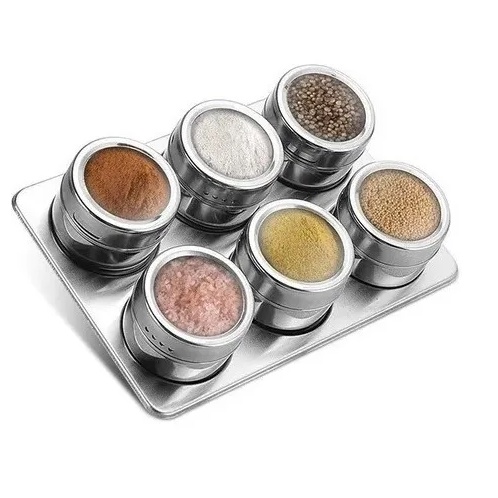 Suporte 6 Porta Condimento Tempero Aço Inox Magnético Imã Para Pendurar Na Geladeira