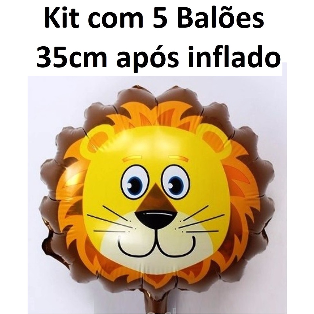 Kit com 5 Balão Leão Metalizado 35cm Após Inflado Balões Animais Fazendinha Bichos Bichinhos