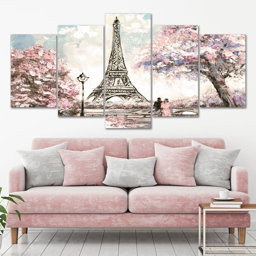 Quadro Decorativo 5 peças Torre Eiffel Casal Sala Quarto Paisagem