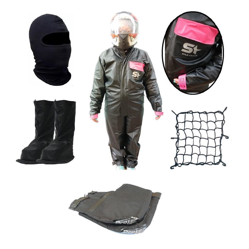 Capa De Chuva - Conjunto Calça Jaqueta Impermeavel Feminina Pvc Com Bolso - Moto / Motoqueiro + Touca + Polaina + Rede Elastica + Luva Guidão