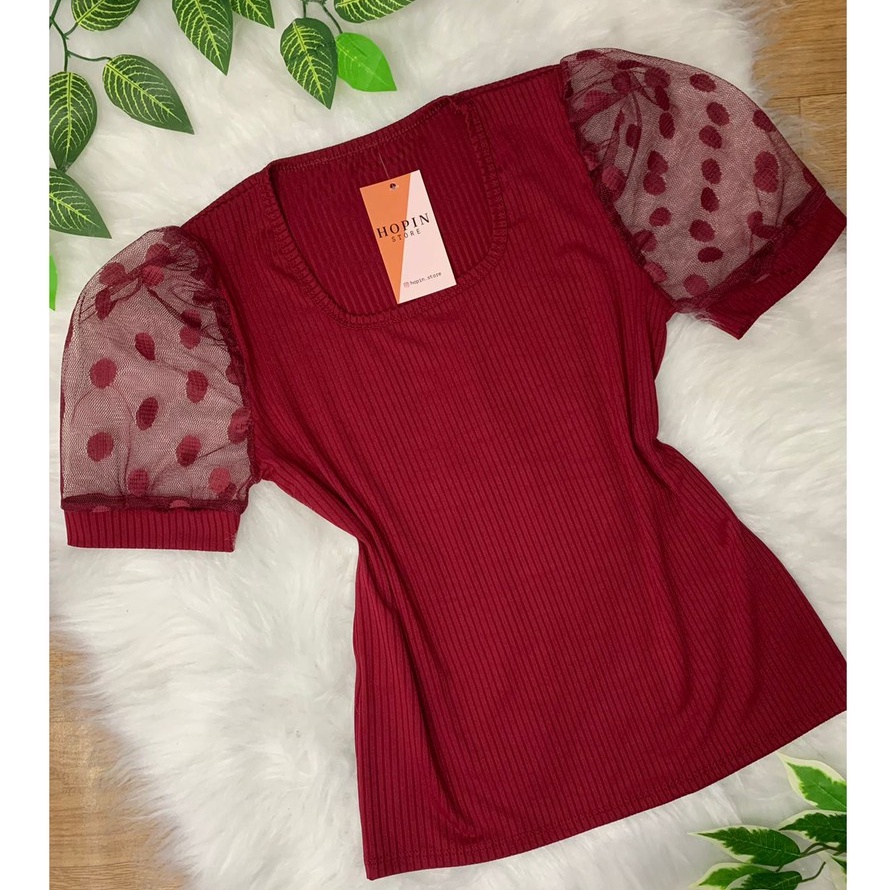 Blusa Feminina Canelada Tule Poá Blusinha Manga Princesa de Bolinhas Blogueira