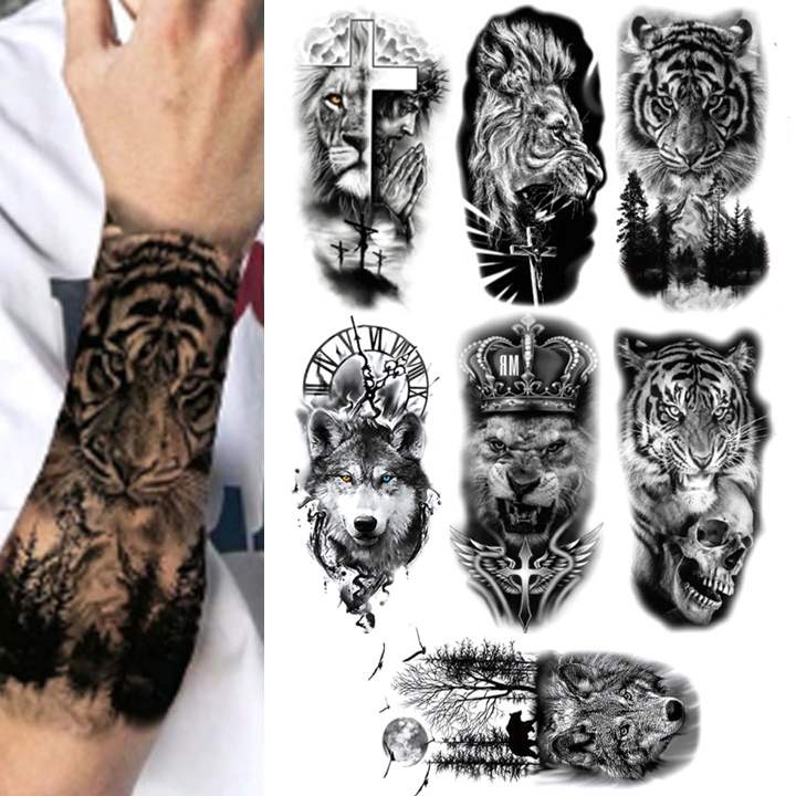 Tatuagem Temporária | Unisex | Realismo | Jesus Cristo | Crucifixo | Leão | Tigre | Caveira | Selva | Mata | Lobo