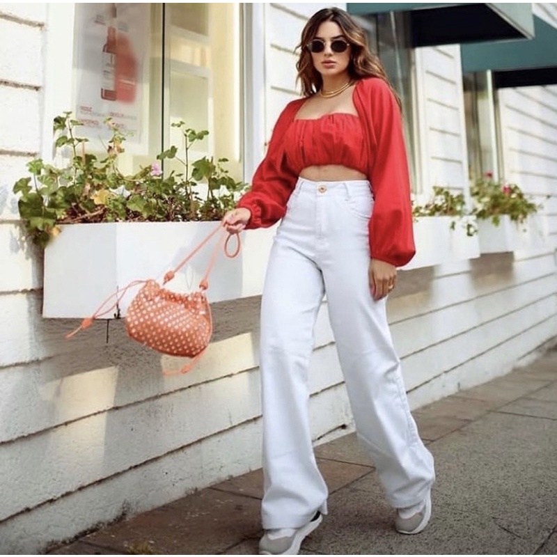 Calça Wide Leg Jeans Branca- calça jeans pantalona