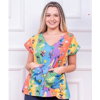 Blusa Bata Scrub Pijama Cirúrgico Estampado - Divertidamente - Medicina, Psicologia, Odontologia, Fonoaudiologia,Enfermagem, Area da Saude