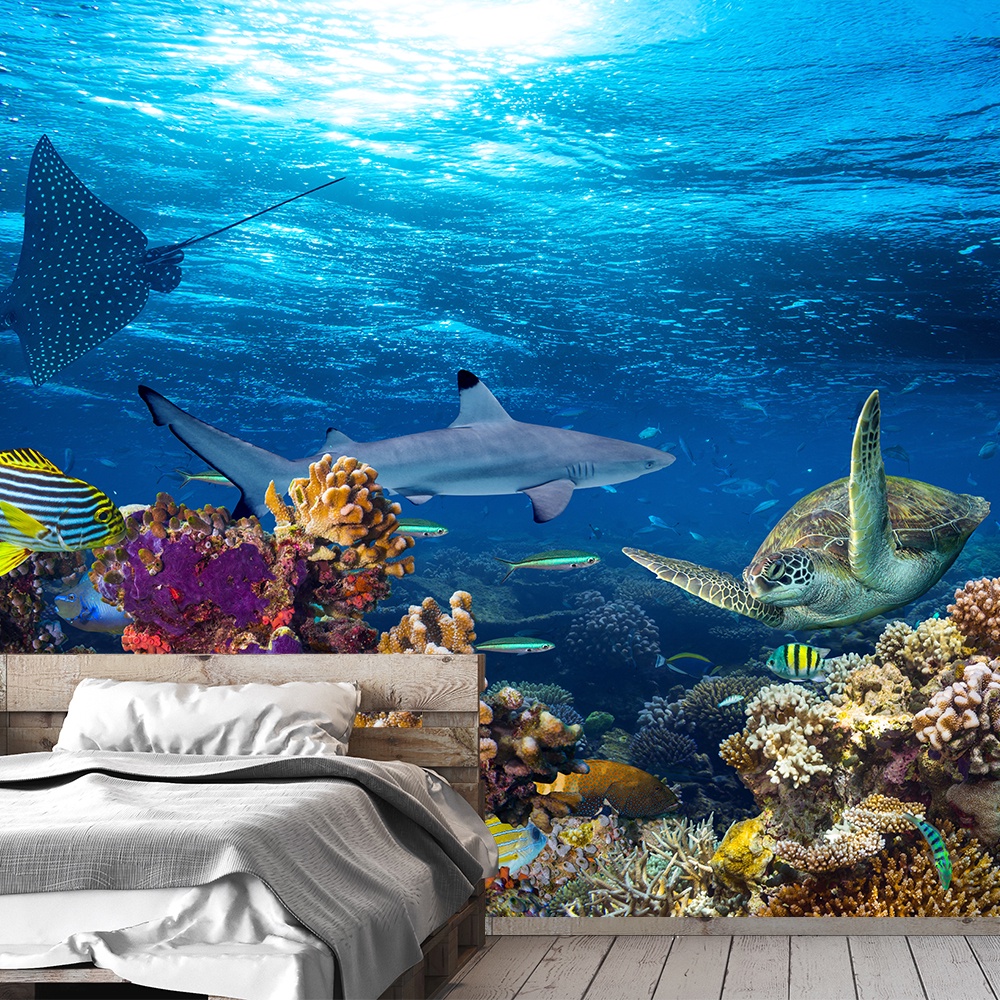 Papel de Parede Fundo do Mar Tartaruga Peixes Sala Painel - 131pc