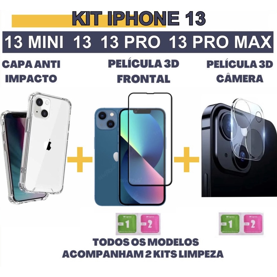 Kit Exclusivo iPhone 13 Capa Anti Impacto + Película 3D Frontal + Película de Câmera 13 / 13 Pro /13 Pro Max