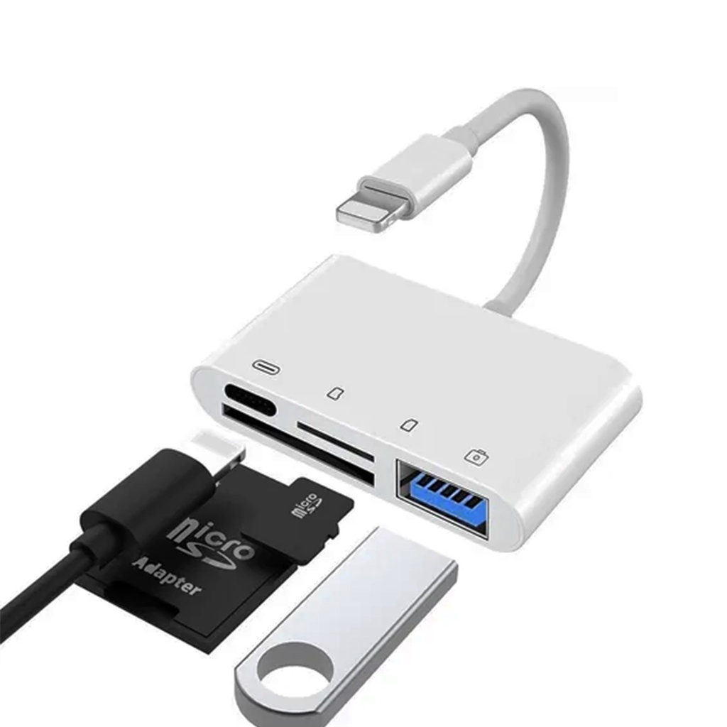 Adaptador 4 em 1 para IPhone e IPad, Lightning, USB, Cartão SD, Micro SD