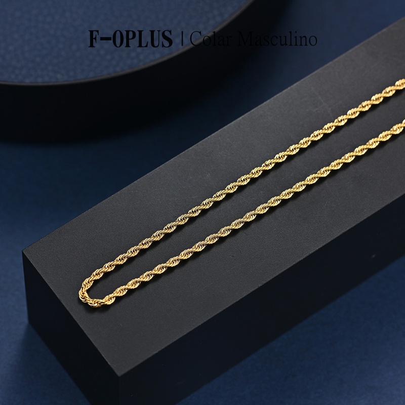 F-OPLUS | 2mm-7mm Corrente Masculina de Corda Torcida 45cm-80cm Colar Banhados a Ouro 18k TNM021