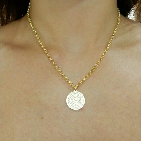 Corrente Cordão+Pulseira Elos+Pingente Medalha Pai Nosso Moeda Antiga Feminino