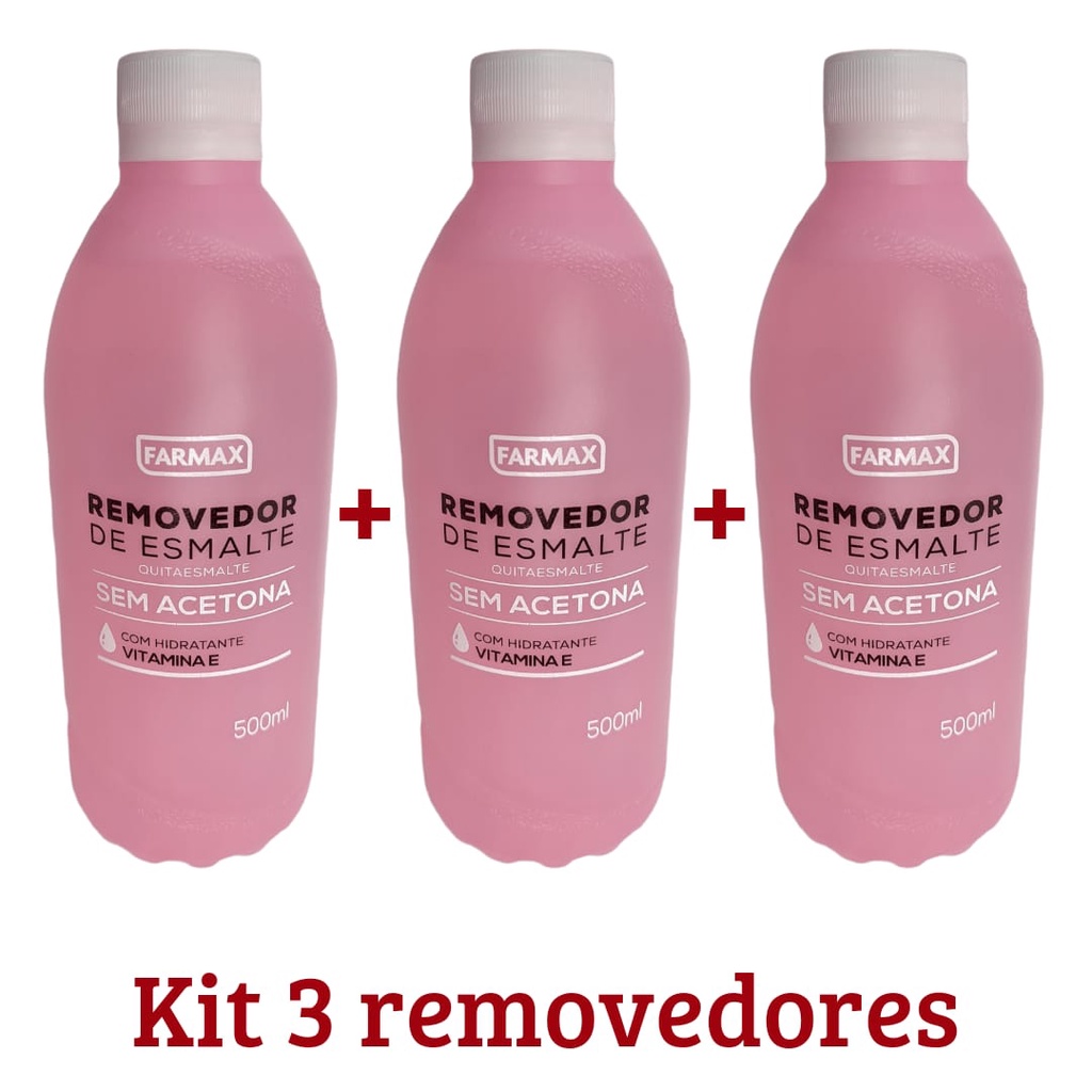 Kit Com 3 Removedores de Esmalte Sem Acetona Vitamina E Farmax 500ml