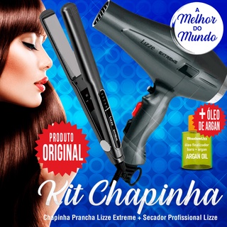 Prancha Chapinha Lizze Extreme + Secador Profissional Lizze 2400W + Óleo de Argan