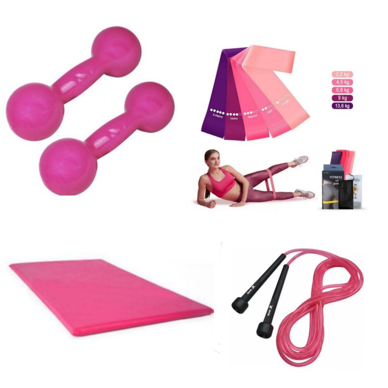 Kit Aeróbico Completo Halter 3 Kg + Colchonete + Kit Theraband + Corda