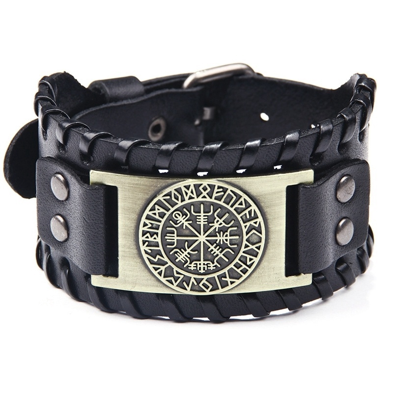 Joia / Pulseira Masculina De Couro Largo Estilo Pirata Com Compasso Em Aço Inoxidável