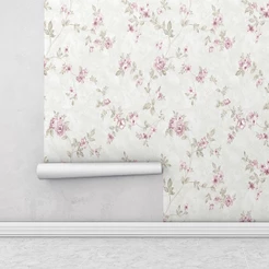Papel de parede com tons de verde e detalhes em rosa Para Sala e Quarto