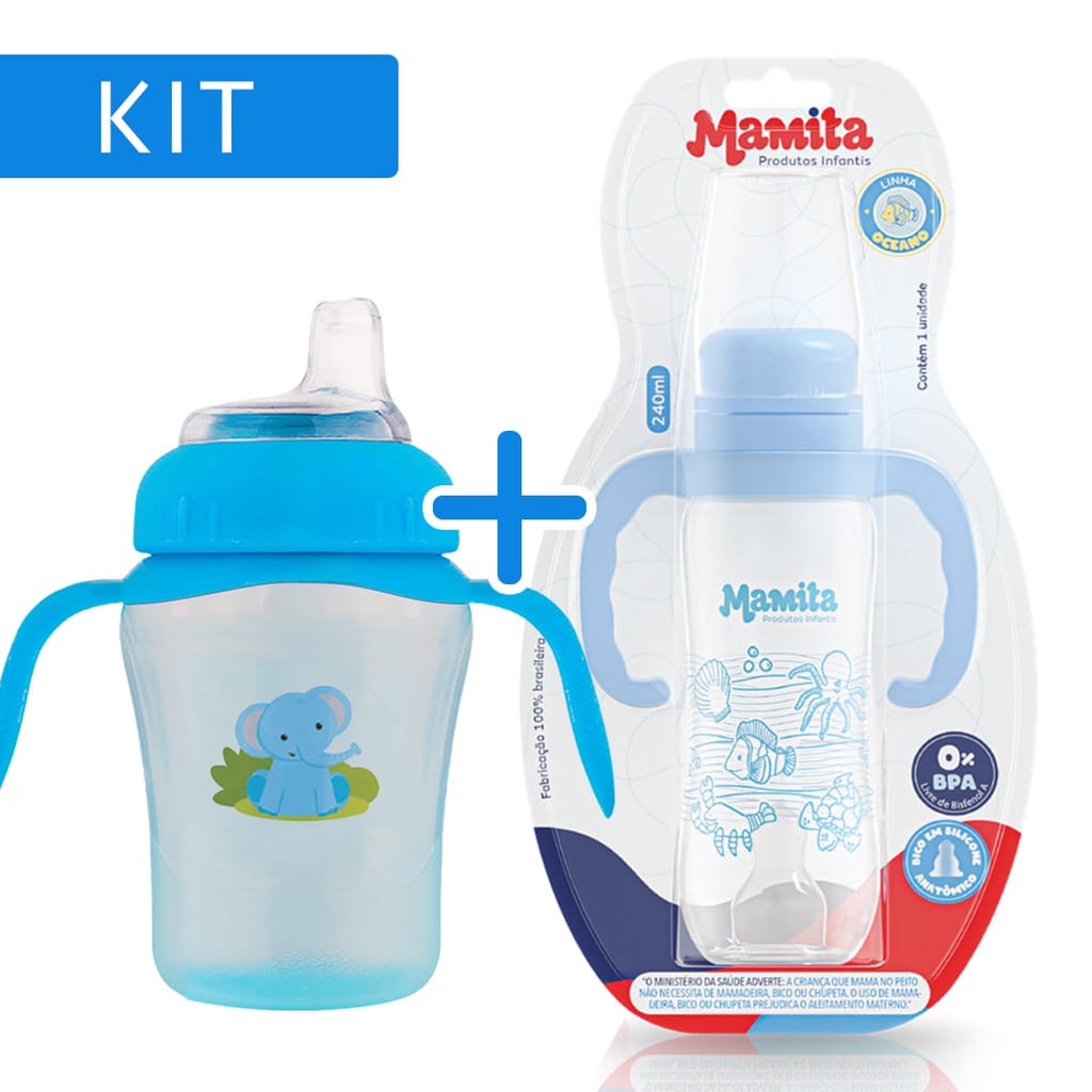 Kit Mamadeira com Alça Bico Achatado 240ml +Copo Treinamento Transição Antivazamento Com Alça e Bico de Silicone 240ml I
