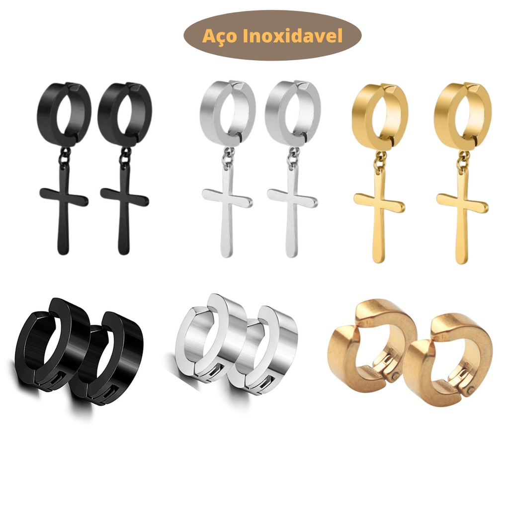 Kit 6 pares  de brincos de pressao unisex 1 par com cruz prata 1 par com cruz preto 1 par com cruz dourado 1 par sem cruz preto 1 par sem cruz prata 1 par sem cruz dourado