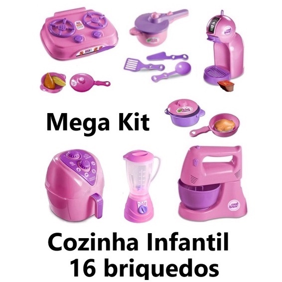 Mega Kit Big Cozinha Infantil com 16 Brinquedos Fogão, Batedeira, Liquidificador, Airfryer 4 Panelinhas com acessórios