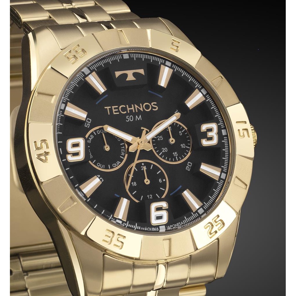Relogio Dourado Masculino Technos Racer 6P29ALC/1P Fundo Preto Original Presente para Homens