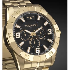 Relogio Dourado Masculino Technos Racer 6P29ALC/1P Fundo Preto Original Presente para Homens