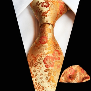 Laranja Jacquard Tecido Clássico Homens Laços Gravata Xadrez Verifique Amarelo De Seda Lenço Do Casamento Da Festa Conjunto Presentes De Natal