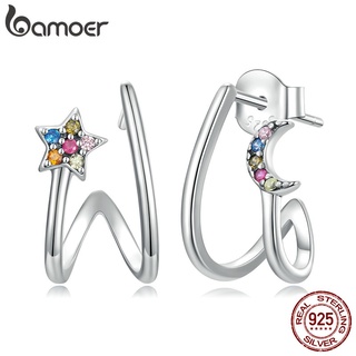 Bamoer Brincos De Prata S925 Com Tarraxa De Estrela E Lua/Joias Femininas