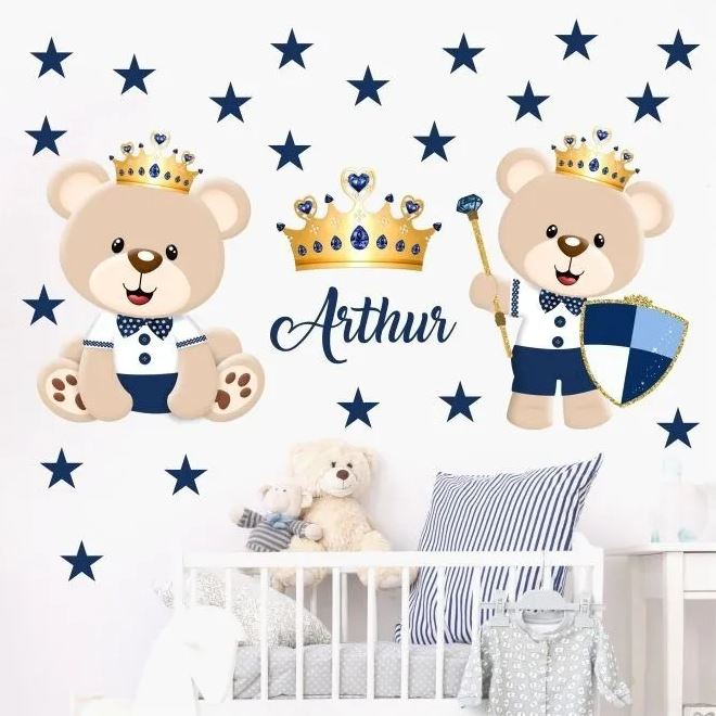 Adesivo Infantil De Parede Ursinho Príncipe + Nome