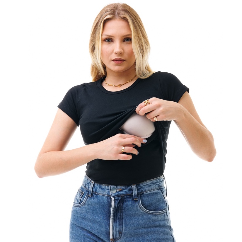 Camisa Feminina de Manga Curta Com Abertura Para Amamentação em Oferta na Shopee