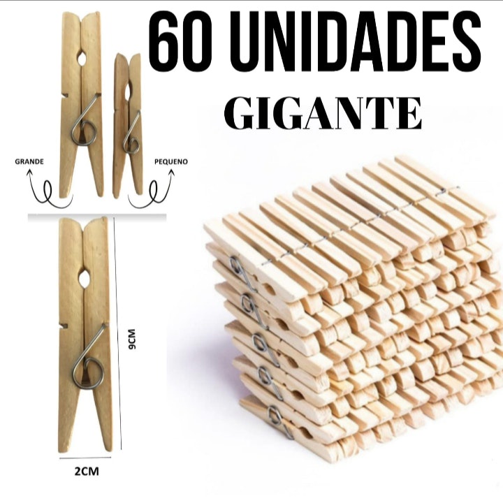 Kit 60 Pregadores de Madeira Gigante Prendedor Roupas