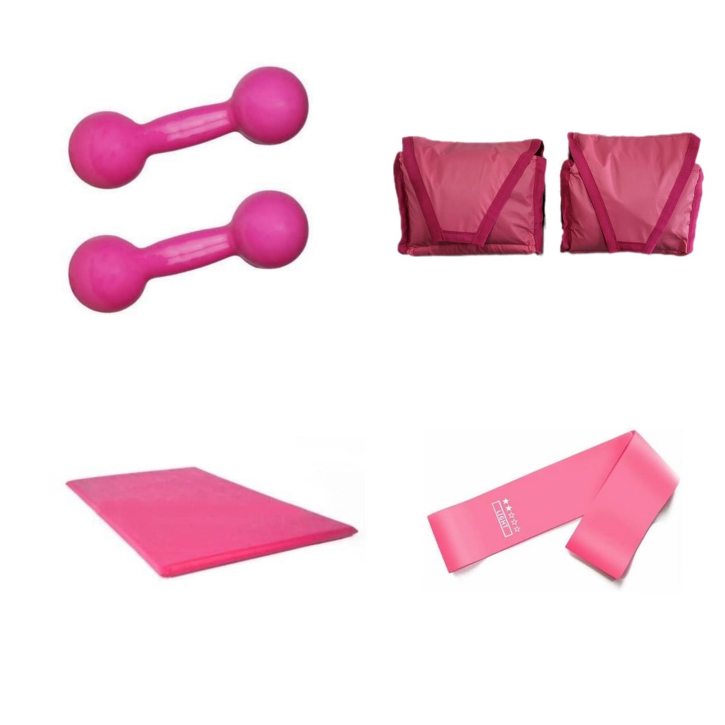 Imagem Kit Fisioterapia Completo Par Halter Rosa 1 Kg Peso Emborrachado + Par Caneleira 2 Kg Rosa + Colchonete + Elástico