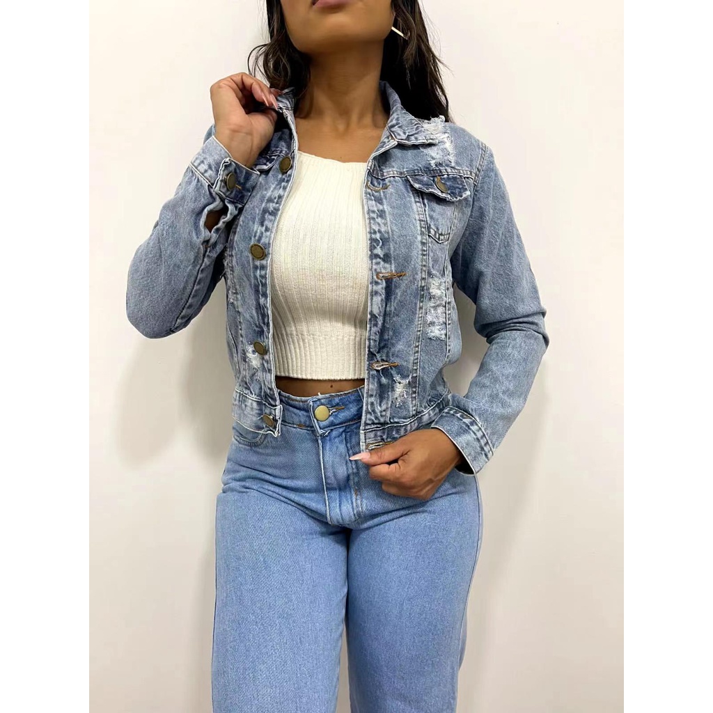 Jaquetinha Jeans Feminina Casaco Manga Escura  SEM Elastano